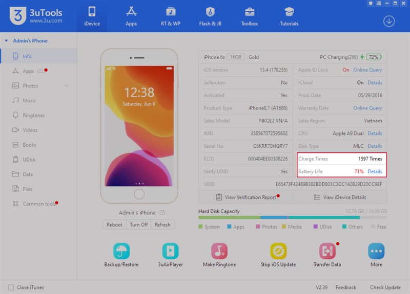  Kiểm tra độ chai pin bằng phần mềm 3uTools (yêu cầu máy tính)